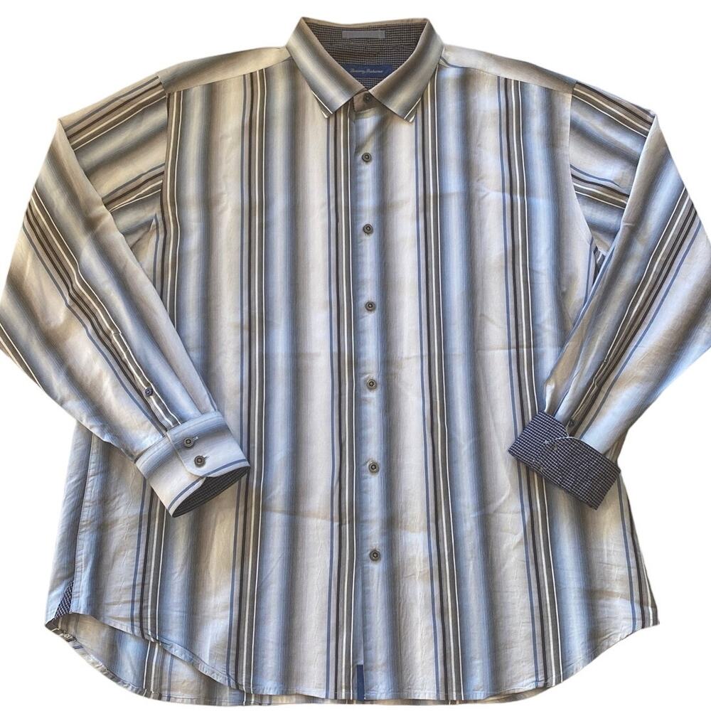 Tommy Bahama Shirt Mens Sz XL Gray Blue Striped Silk Blend Long Sleeve Flip Cuff